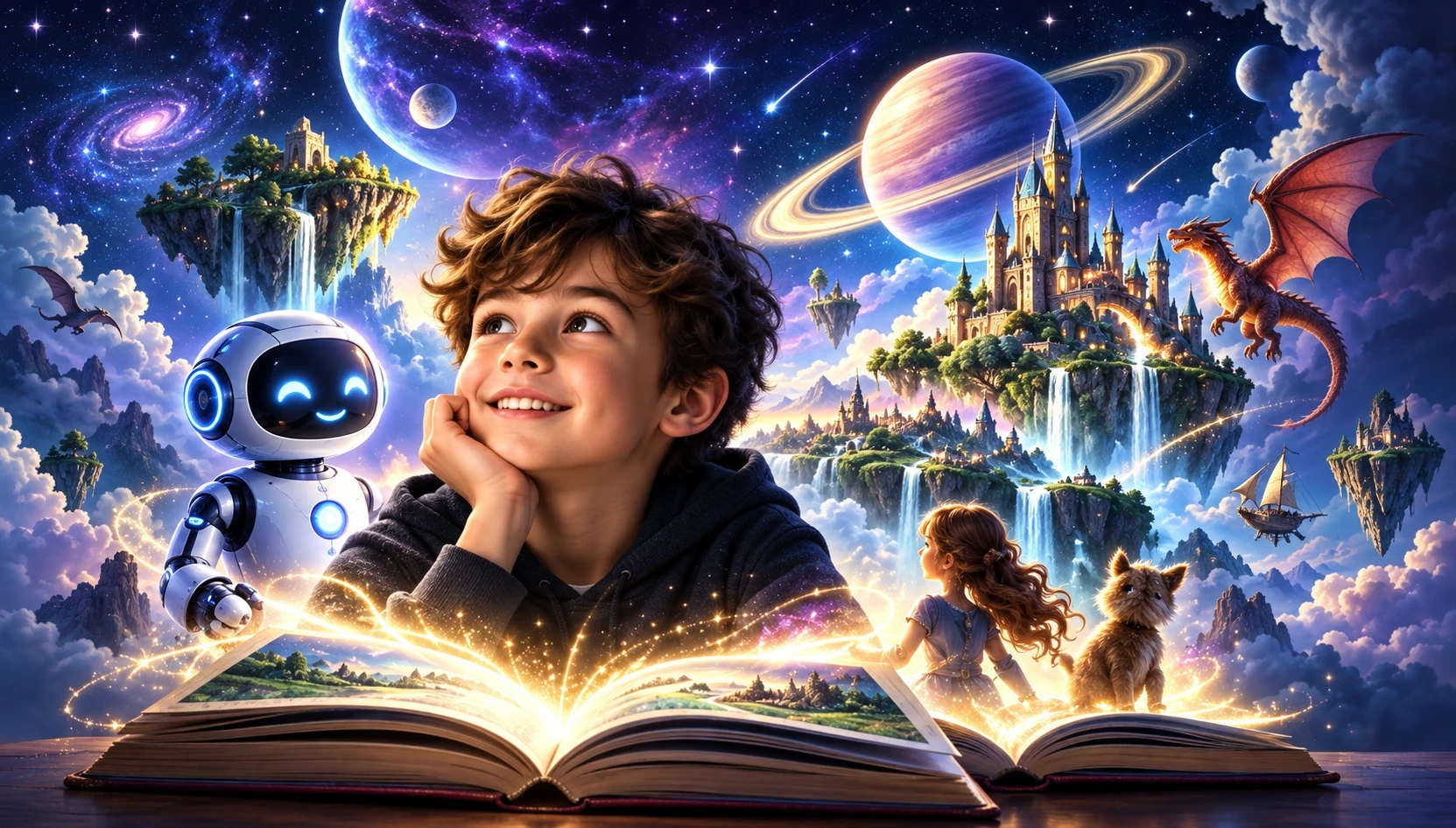Illustrative young creator discovering imaginative worlds through an open book