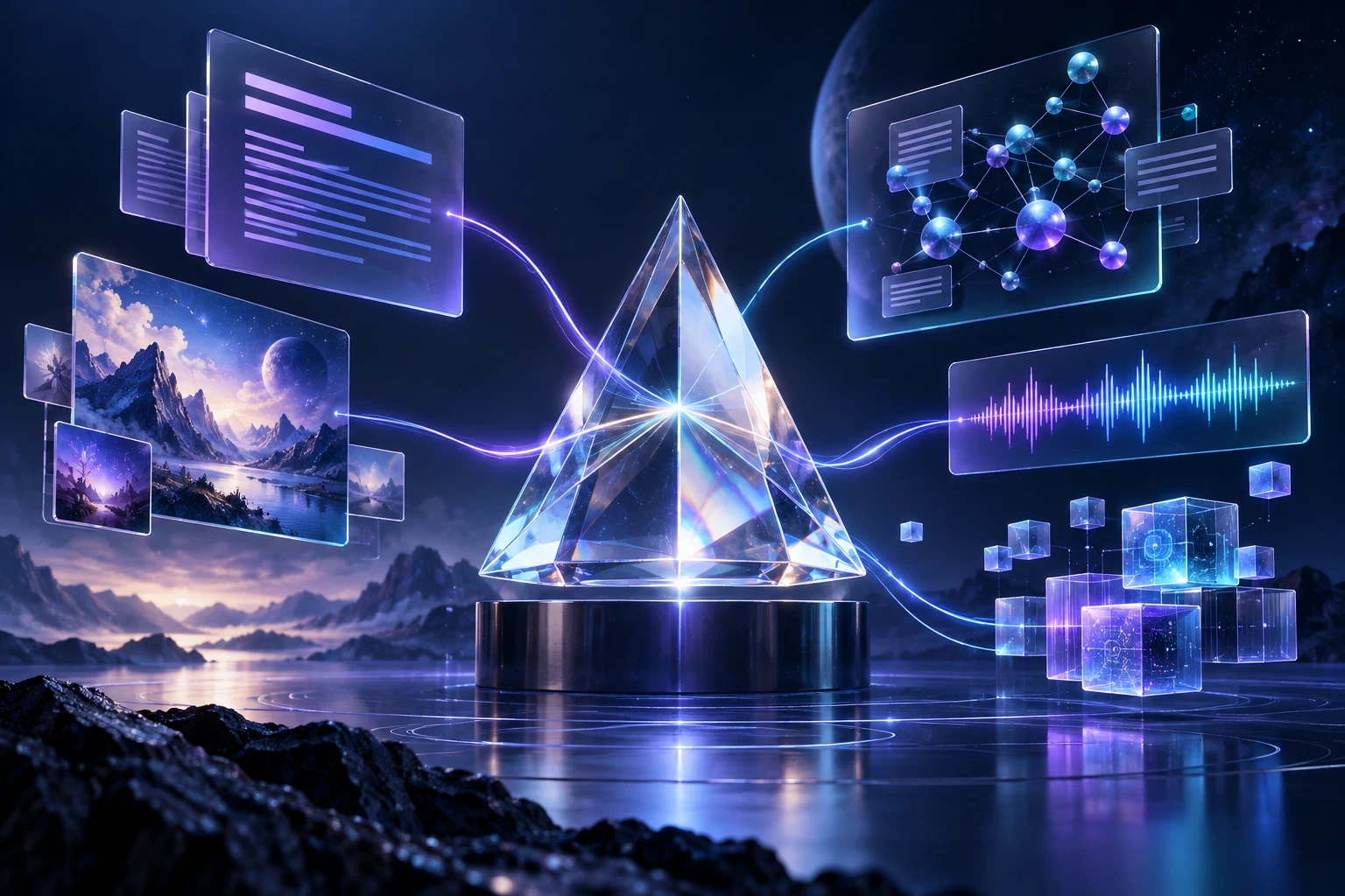 Illustrative AI ecosystem connecting text, images, audio, research and digital building blocks