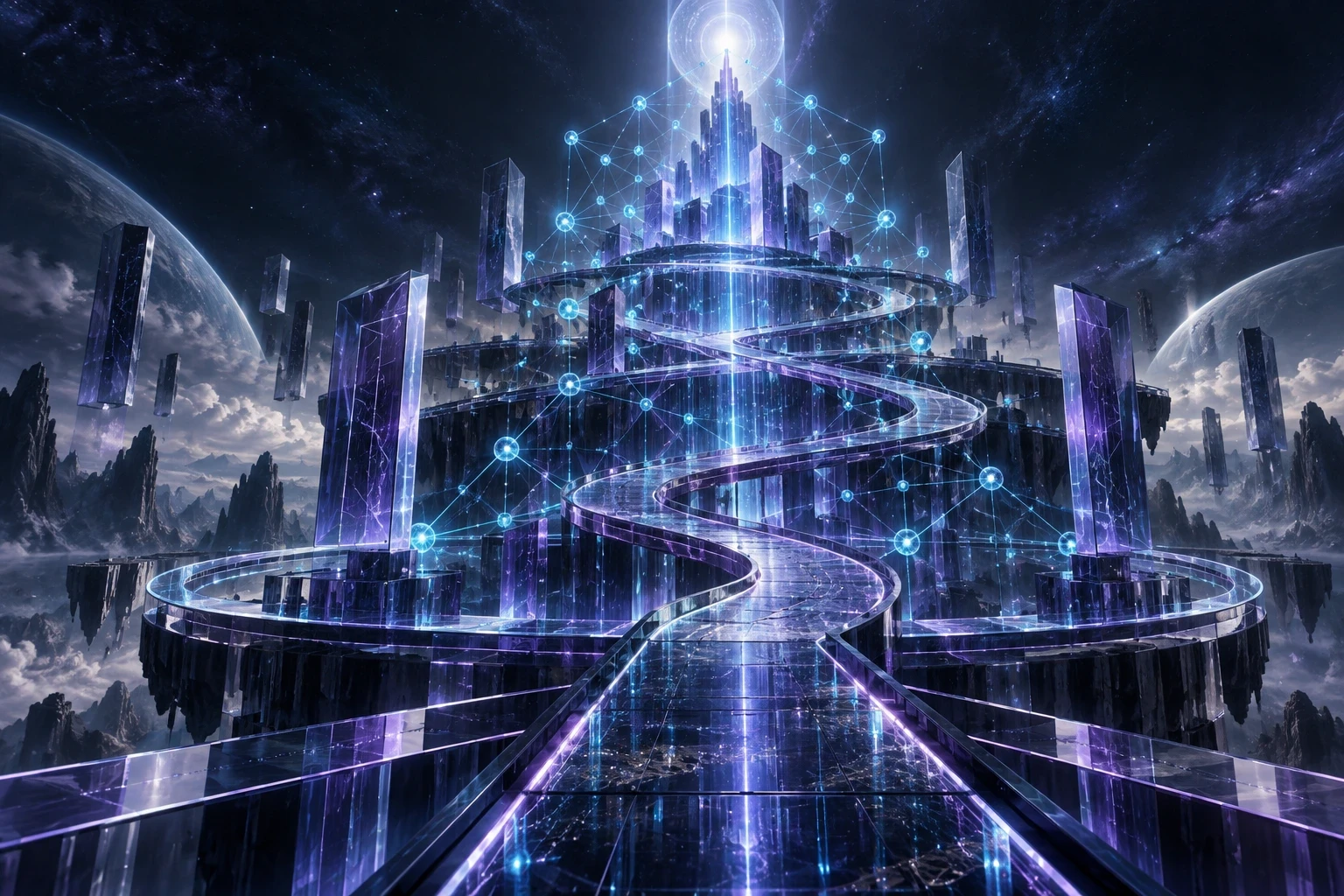 Illustrative layered neural architecture and luminous connections representing deeper AI exploration