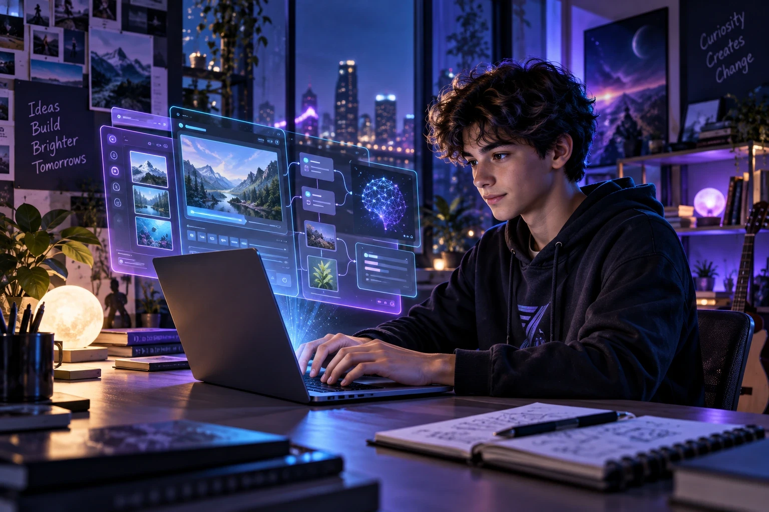 Illustrative teenager building a digital prototype with AI interfaces and a laptop