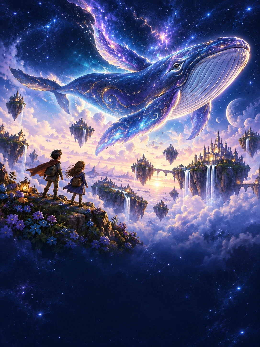 Text-free sample cover illustration of a luminous sky whale and floating islands; Techademy demonstration artwork